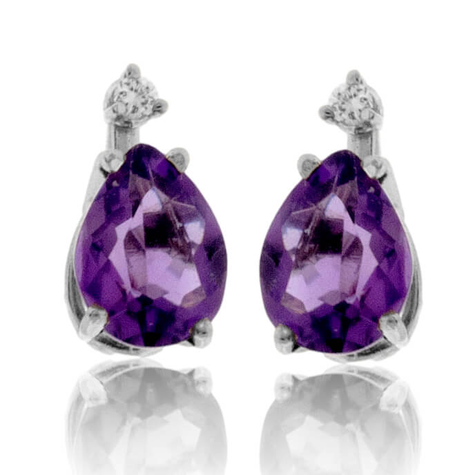 Pear Amethyst Stud Earrings with Single Diamond Accent - Park City Jewelers