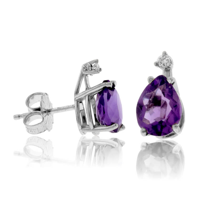Pear Amethyst Stud Earrings with Single Diamond Accent - Park City Jewelers
