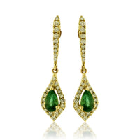 Pear Emerald and Diamond Halo Dangle Earrings - Park City Jewelers