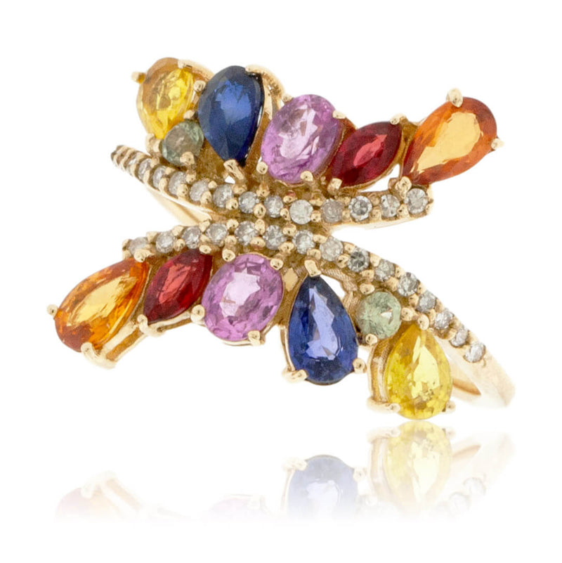 Pear Rainbow Sapphire & Diamond Butterflly Wing Style Ring - Park City Jewelers