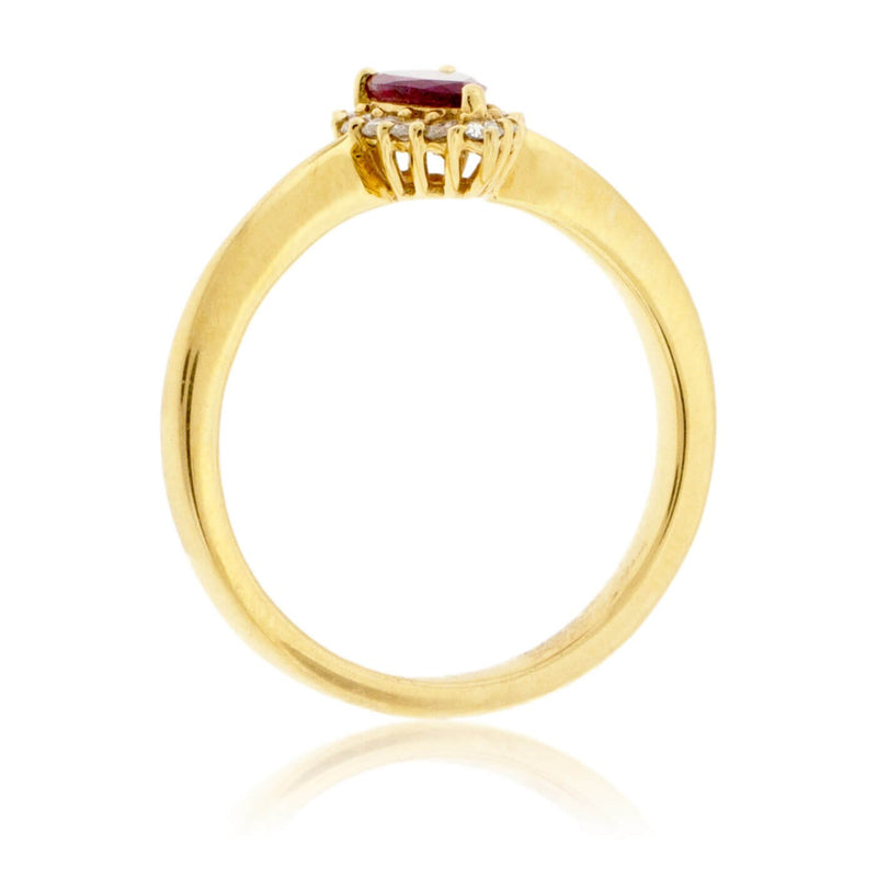 Pear Red Beryl Emerald & Diamond Halo Yellow Gold Ring - Park City Jewelers