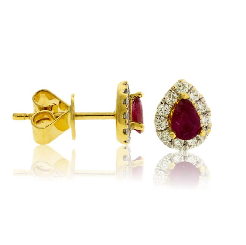 Pear Red Emerald and Diamond Halo Stud Earrings - Park City Jewelers