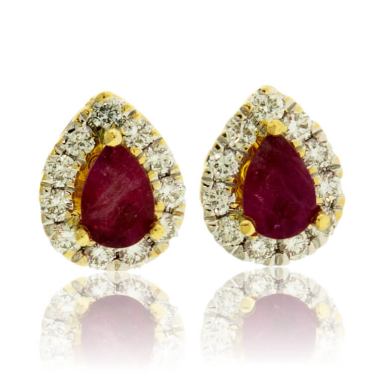 Pear Red Emerald and Diamond Halo Stud Earrings - Park City Jewelers