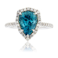 Pear-Shaped Blue Zircon & Diamond Halo Ring - Park City Jewelers