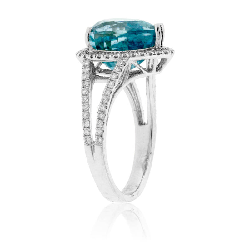 Pear Shaped Blue Zircon with Diamond Halo & Split Shank Ring - Park City Jewelers