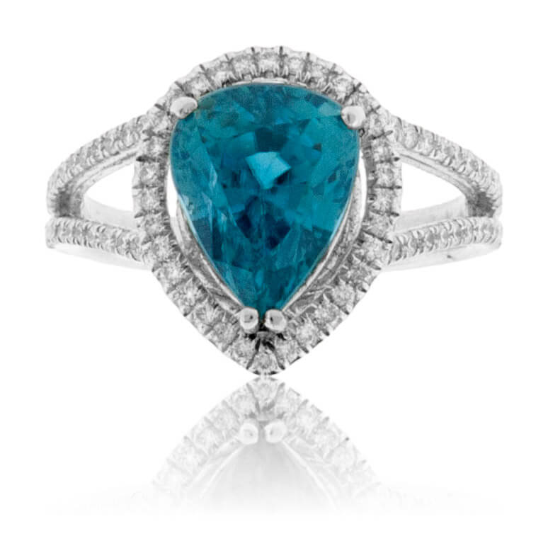 Pear Shaped Blue Zircon with Diamond Halo & Split Shank Ring - Park City Jewelers