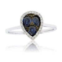 Pear Shaped Blued Sapphire Cluster & Diamond Halo Ring - Park City Jewelers