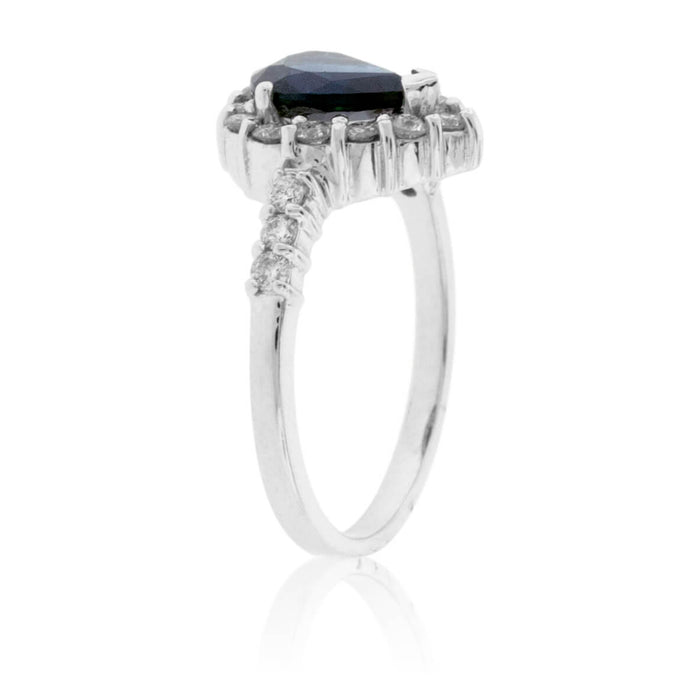 Pear Shaped Blued Sapphire & Diamond Halo Ring - Park City Jewelers