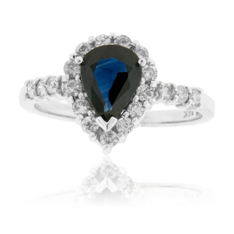 Pear Shaped Blued Sapphire & Diamond Halo Ring - Park City Jewelers