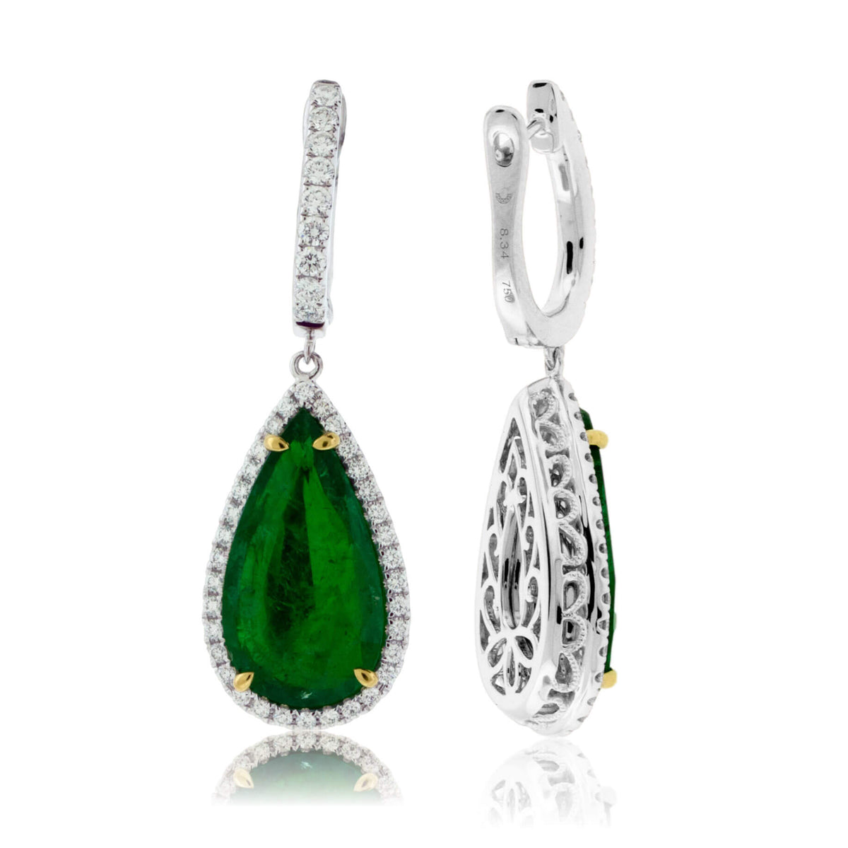 Pear Shaped Dangle Emerald & Diamond Halo Earrings - Park City Jewelers