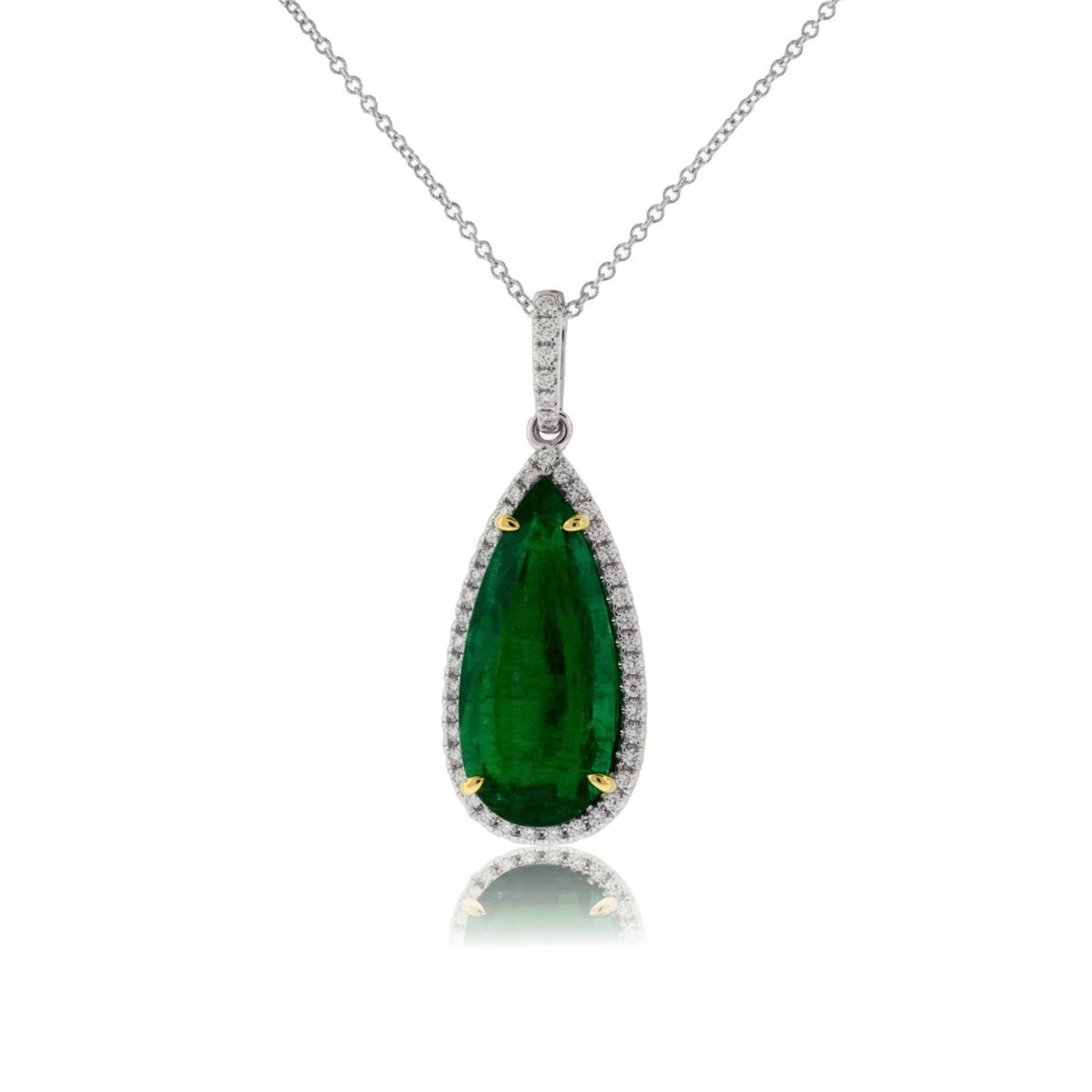 Pear Shaped Dangle Emerald & Diamond Halo Pendant - Park City Jewelers