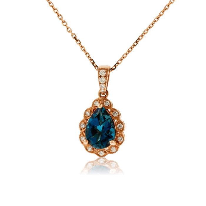 Pear Shaped London Blue Topaz & Diamond Pendant with Chain - Park City Jewelers