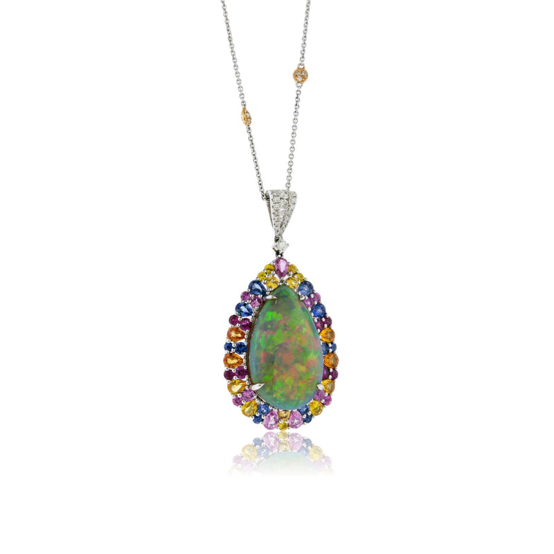 Pear Shaped Opal Cabochon with Sapphire Halo Pendant with Chain - Park City Jewelers
