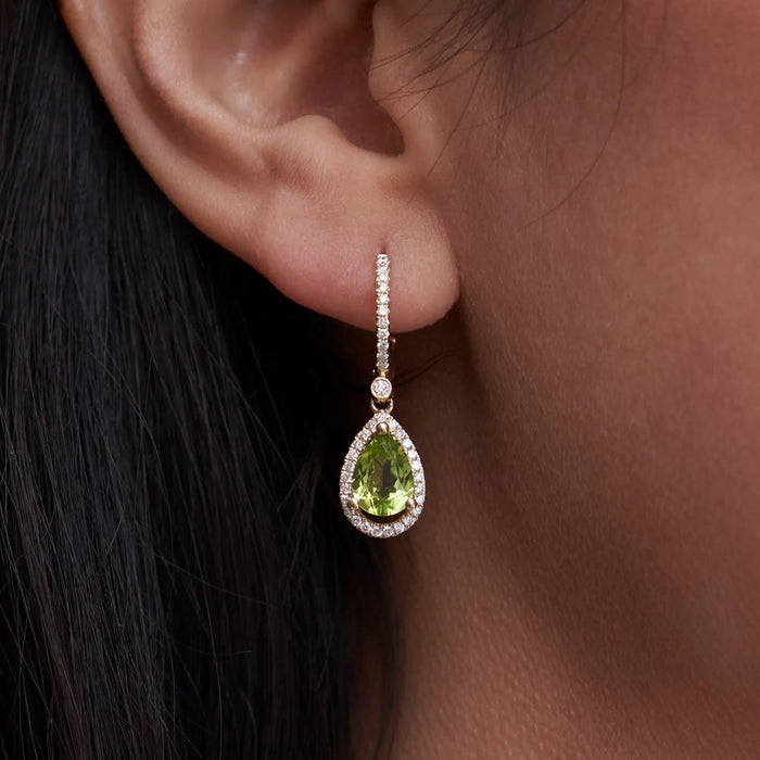 Pear Shaped Peridot & Diamond Halo Drop Earrings - Park City Jewelers