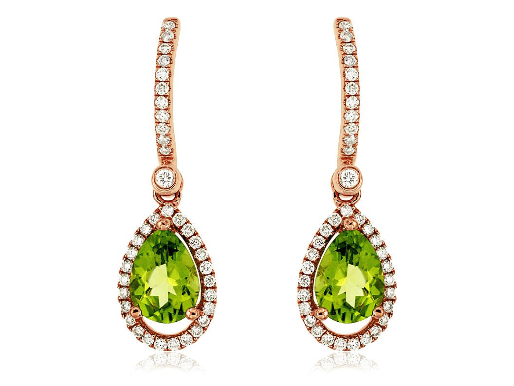 Pear Shaped Peridot & Diamond Halo Drop Earrings - Park City Jewelers