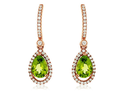 Pear Shaped Peridot & Diamond Halo Drop Earrings - Park City Jewelers