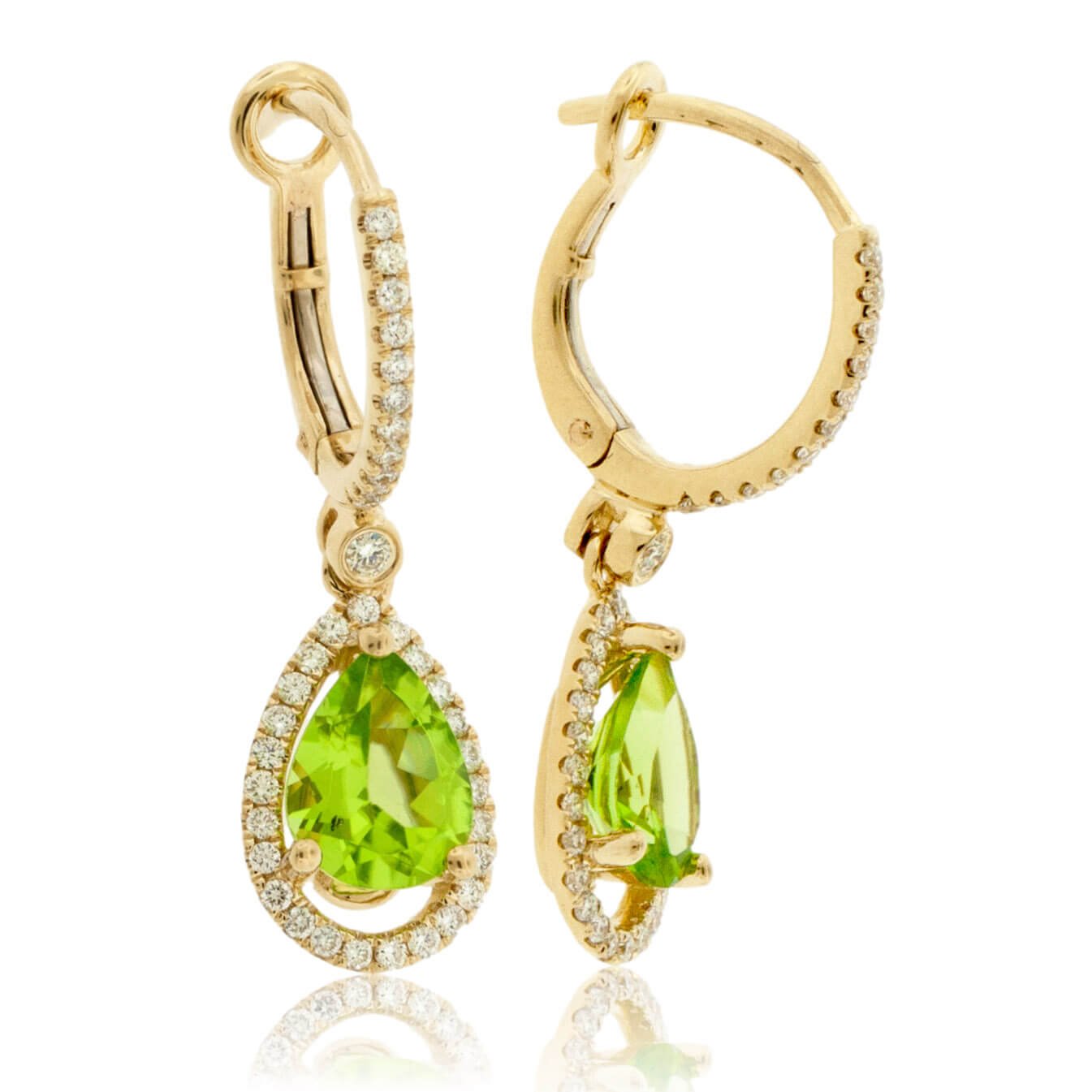 Pear Shaped Peridot & Diamond Halo Drop Earrings - Park City Jewelers