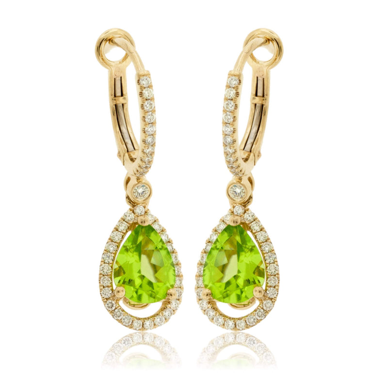 Pear Shaped Peridot & Diamond Halo Drop Earrings - Park City Jewelers