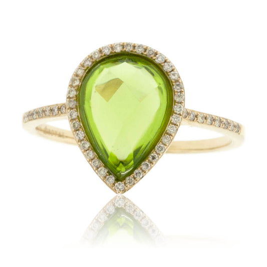 Pear Shaped Peridot with Diamond Halo on Diamond Accented Band - Park City Jewelers