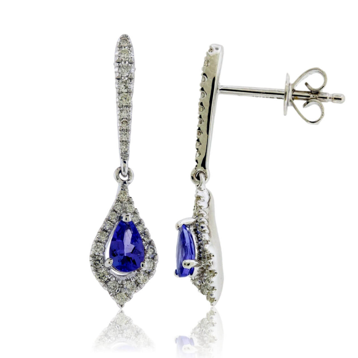 Pear Shaped Tanzanite and Diamond Halo Dangle Earrings - Park City Jewelers
