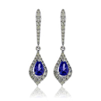 Pear Shaped Tanzanite and Diamond Halo Dangle Earrings - Park City Jewelers