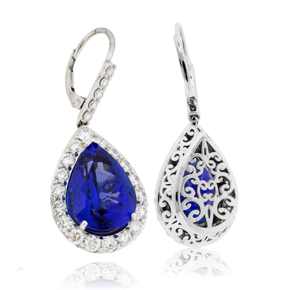 Pear Tanzanite & Stunning Classic Diamond Halo Dangle Earrings - Park City Jewelers