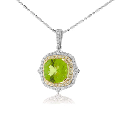 Peridot & Diamond Halo Two Tone Vintage Inspired Pendant - Park City Jewelers