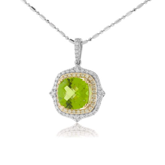 Peridot & Diamond Halo Two Tone Vintage Inspired Pendant - Park City Jewelers