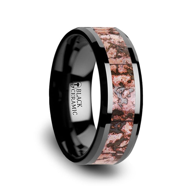 Pink Dinosaur Bone Inlaid Black Ceramic Beveled Edged Ring - Park City Jewelers