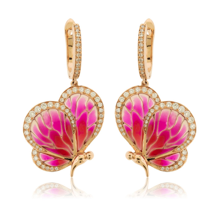 Pink Enamel Butterfly & Diamond Dangle Earrings - Park City Jewelers