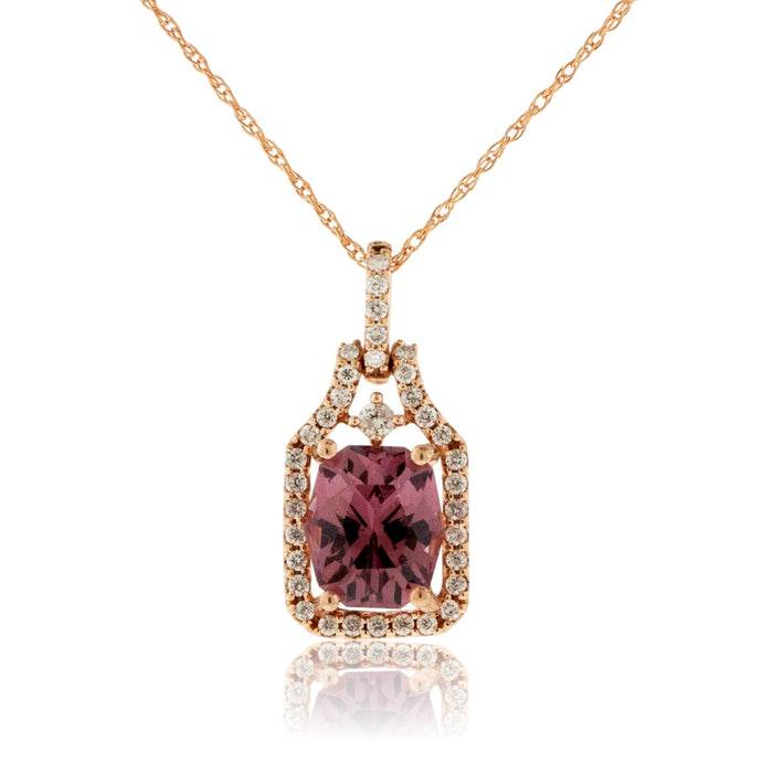 Pink Garnet and Contemporary Diamond Halo Style Pendant - Park City Jewelers