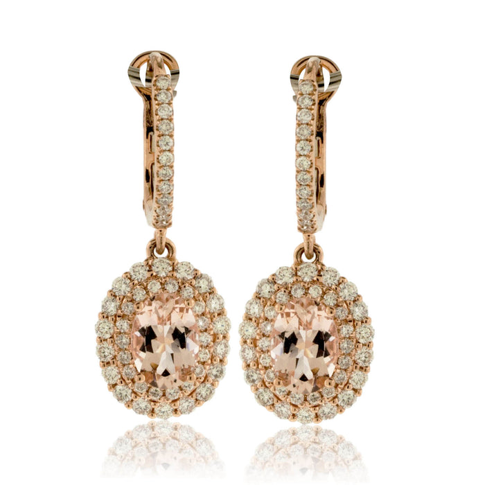 Pink Morganite and Milgrain Diamond Halo Drop Earrings - Park City Jewelers
