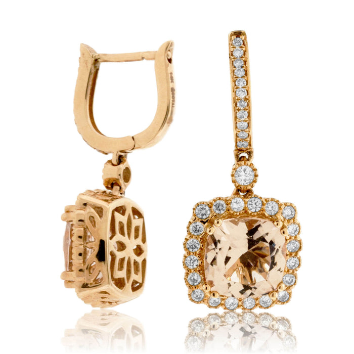 Pink Morganite and Milgrain Diamond Halo Drop Earrings - Park City Jewelers
