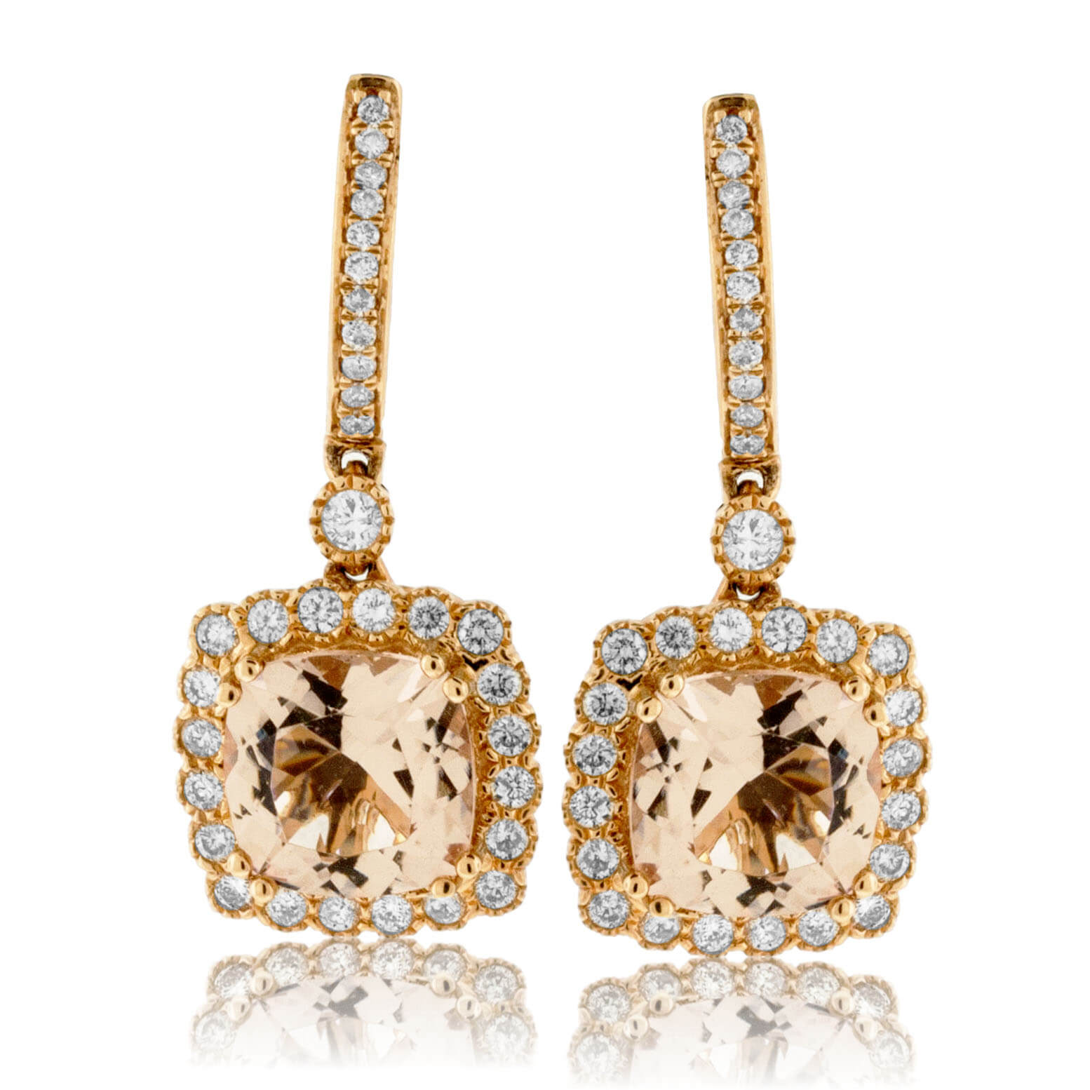 Pink Morganite and Milgrain Diamond Halo Drop Earrings - Park City Jewelers