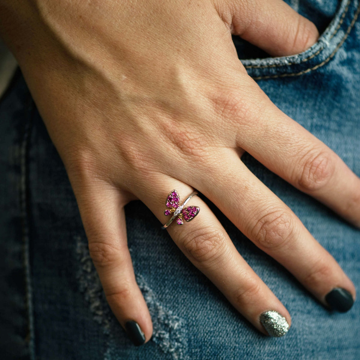 Pink Sapphire Winged Butterfly & Diamond Ring - Park City Jewelers