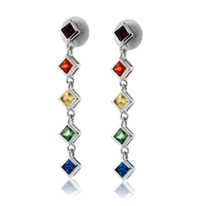 Princess Cut Bezel Set Rainbow Sapphire Drop Earrings - Park City Jewelers