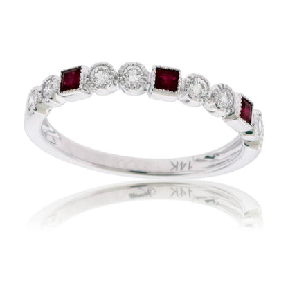 Princess Cut Ruby & Round Diamond Milgrain Style Stackable Band - Park City Jewelers