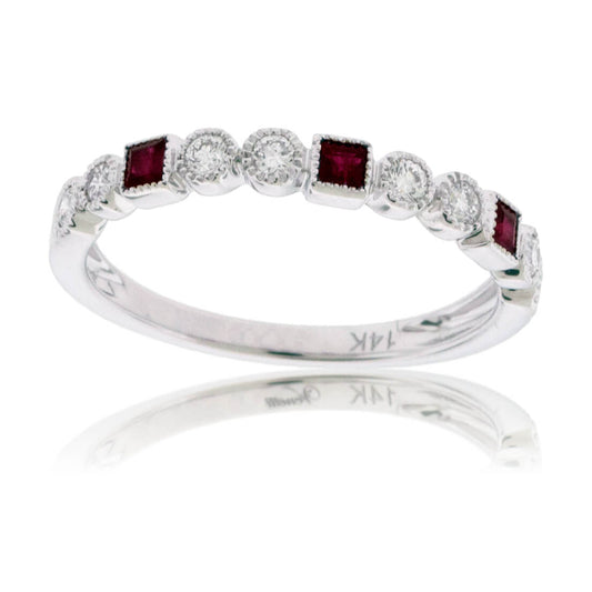 Princess Cut Ruby & Round Diamond Milgrain Style Stackable Band - Park City Jewelers