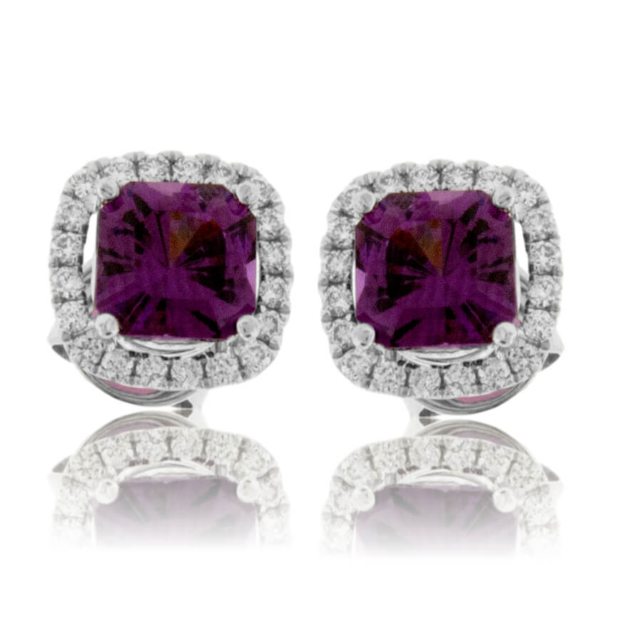 Radiant Purple Garnet & Diamond Halo Stud Earrings - Park City Jewelers