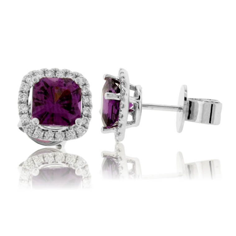 Radiant Purple Garnet & Diamond Halo Stud Earrings - Park City Jewelers