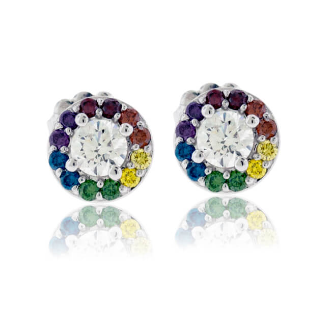 Rainbow Colored Diamond & Diamond Halo Earrings - Park City Jewelers