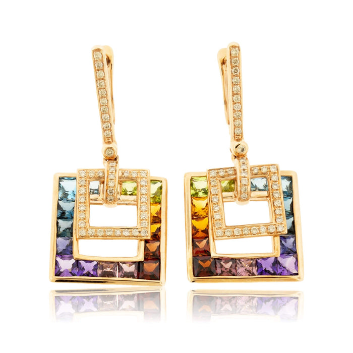 Rainbow Mixed Gemstone & Diamond Dangle Square Earrings - Park City Jewelers