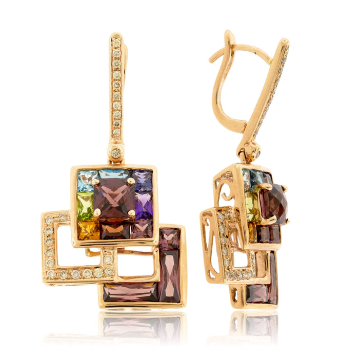 Rainbow Mixed Gemstone & Diamond Dangle Square Earrings - Park City Jewelers