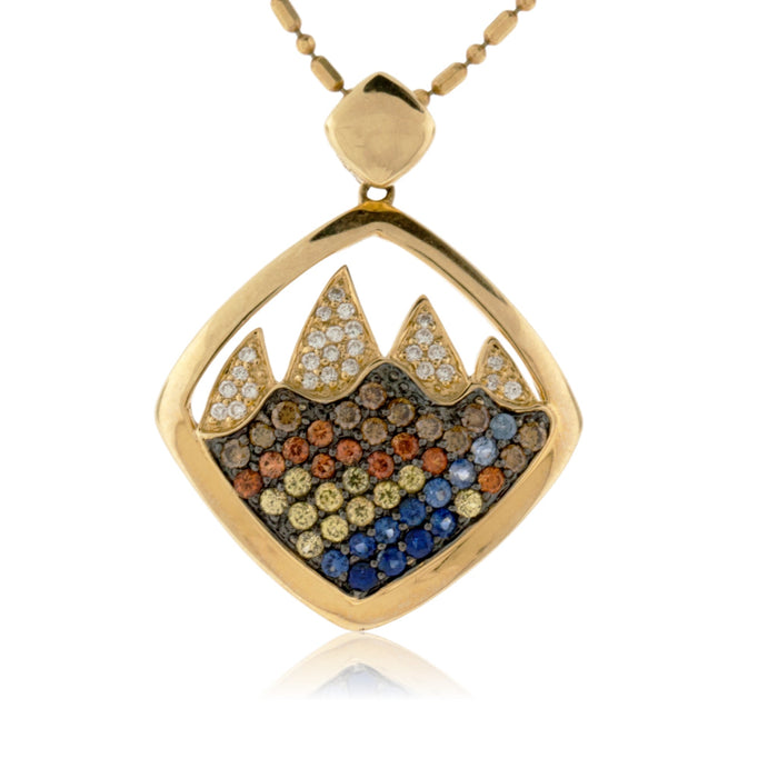 Rainbow Sapphire, Gemstone, and Diamond Mountain Scene Pendant - Park City Jewelers