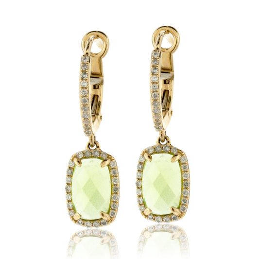 Rectangle Shaped Peridot and Diamond Halo Drop Earrings - Park City Jewelers
