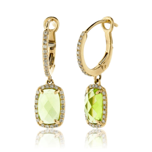 Rectangle Shaped Peridot and Diamond Halo Drop Earrings - Park City Jewelers
