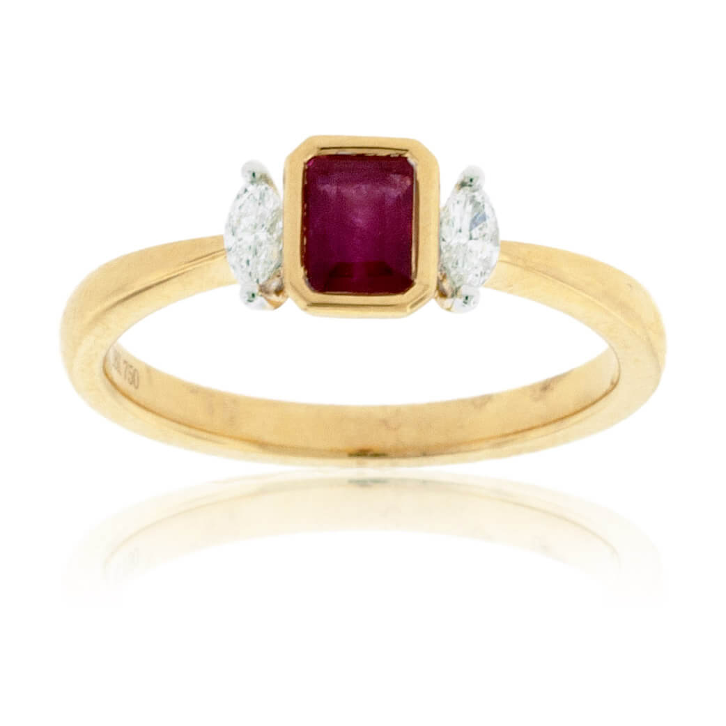 Red Beryl Emerald & Marquise Diamond Yellow Gold Ring - Park City Jewelers