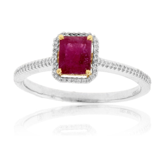 Red Beryl Emerald & Round Diamond Halo Platinum Ring - Park City Jewelers