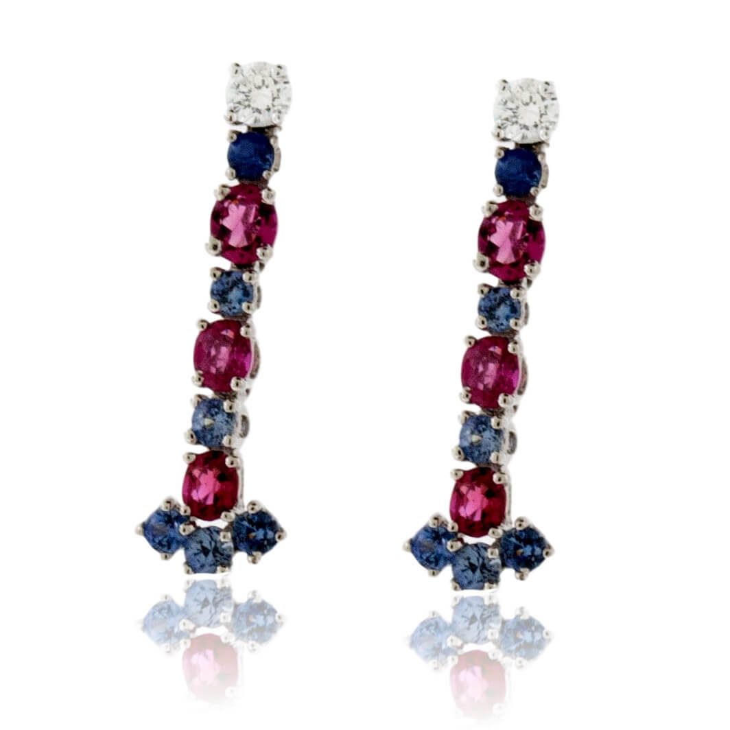 Red Emerald, Benitoite, & Diamond Platinum Dangle Earrings - Park City Jewelers