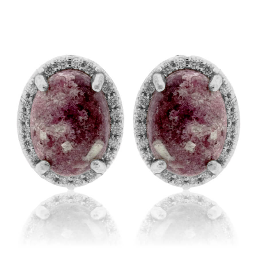 Red Emerald Cabochon & Diamond Halo Slight Drop Earrings - Park City Jewelers